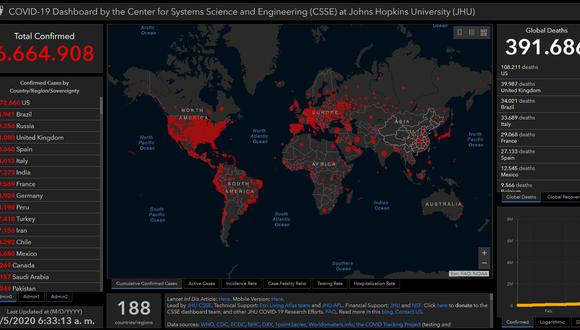 Mapa del coronavirus Covid-19 en el mundo en tiempo real hoy viernes 5 de junio: contagiados y muertos. (Johns Hopkins University).