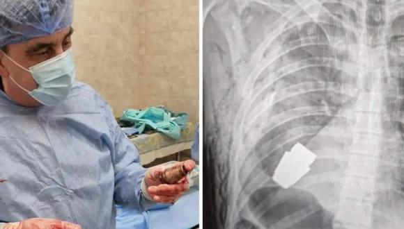 El médico ucraniano tras remover la granada del pecho del soldado. ( Sky News).