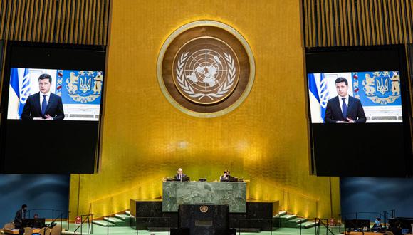 El presidente de Ucrania, Volodymyr Zelenskyy, se dirige virtualmente al debate general de la 75 sesión de la Asamblea General de la ONU el 23 de septiembre de 2020. (AFP).