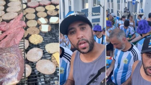 En esta imagen se aprecia a los hinchas argentinos que recibieron la ayuda de un jeque para armar un asado en Qatar. (Foto: @TyCSports / Twitter)