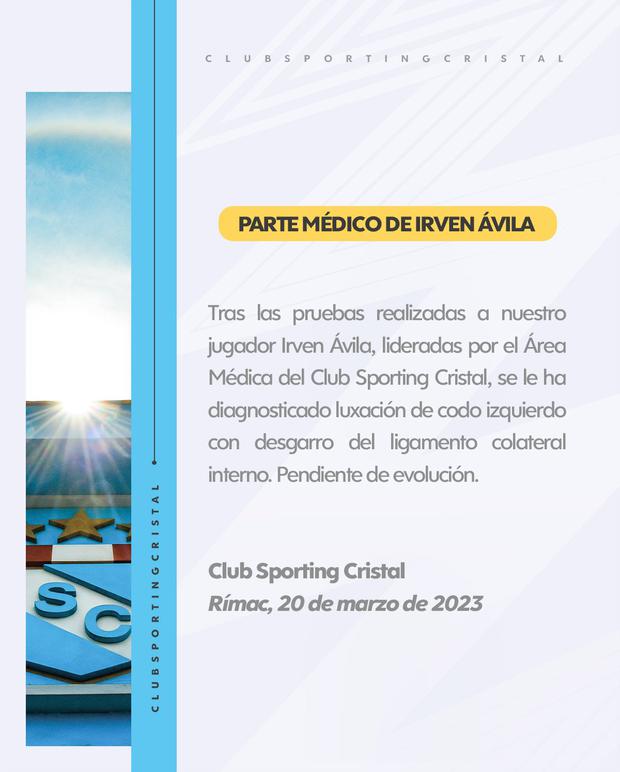 Comunicado de Sporting Cristal sobre la lesión de Irven Ávila.