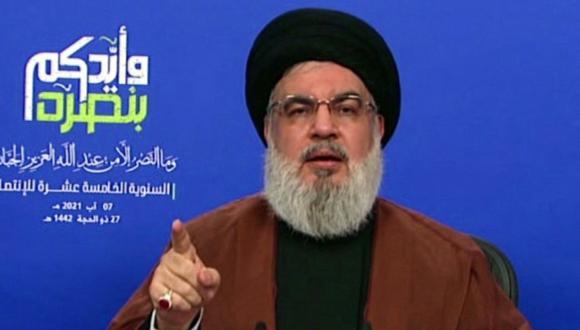 El jefe del movimiento chiíta del Líbano, Hezbollah Hassan Nasrallah, pronunciando un discurso televisado desde un lugar no revelado. (Foto: Archivo / IRAN PRESS / AFP).