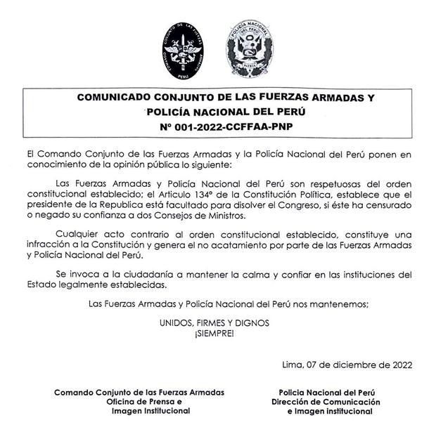 FFAA y PNP contra golpe de Estado. de Pedro Castillo. 