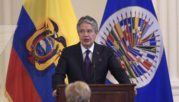 El presidente de Ecuador, Guillermo Lasso, habla ante los miembros del consejo permanente de la Organización de los Estados Americanos (OEA)  en Washington, Estados Unidos. (EFE/ Lenin Nolly).