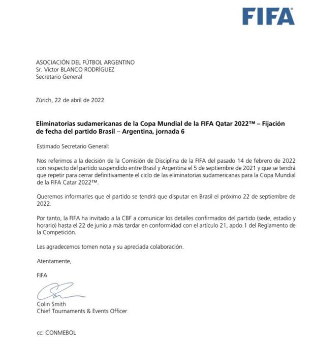 El comunicado de FIFA sobre el Brasil vs. Argentina. (Foto: FIFA)