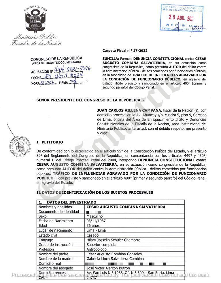 Denuncia constitucional de Fiscalía de la Nación contra César Combina.