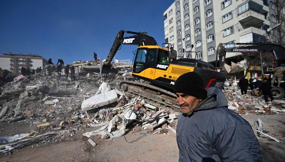 Un hombre reacciona mientras los rescatistas buscan entre los escombros de un edificio derrumbado en la ciudad de Kahramanmaras, en el sureste de Turquía, el 8 de febrero de 2023, dos días después de que un fuerte terremoto azotara la región. (Foto: OZAN KOSE / AFP)
