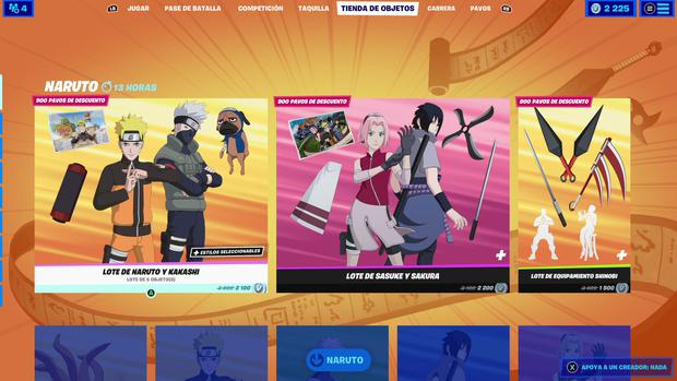 Los objetos de Naruto Shippuden en la tienda de Fortnite. (Foto: Epic Games/Meristation)