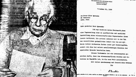 Foto de Albert Einstein publicada en El Comercio el 19 de abril de 1955, al día siguiente de la muerte del genio de la Física. Al lado, la carta que envió en alemán a Óscar Miró Quesada, Racso, en 1939. (Fotos: GEC Archivo Histórico)