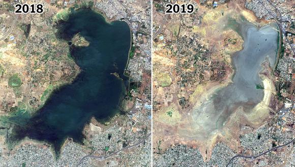 El lago Puzhal abastece de agua a unos 4,6 millones de personas en Chennai, India. (Fuente: Satélite Sentinel-2 del programa Copérnico vía Maxar Technologies).