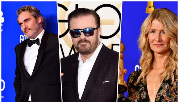 Globos de oro 2020. De izquierda a derecha Joaquin Phoenix (ganador por "Joker"), el presentador Ricky Gervais y Laura Dern (ganadora por "Marriage Story"). Fotos: AFP.