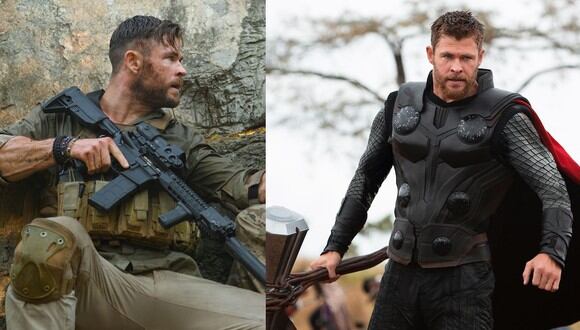 Chris Hemsworth en sus papeles como Tyler Rake en Misión de Rescate y Thor (derecha) en las películas de Marvel. Hay algo que los une.