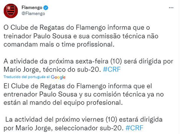 La publicación de Flamengo en Twitter.