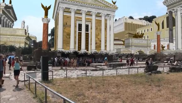 Así se ve una vista actual recorrida por turistas junto a animaciones 3D creadas para descubrir la magnitud de los edificios y monumentos. (Foto: captura)