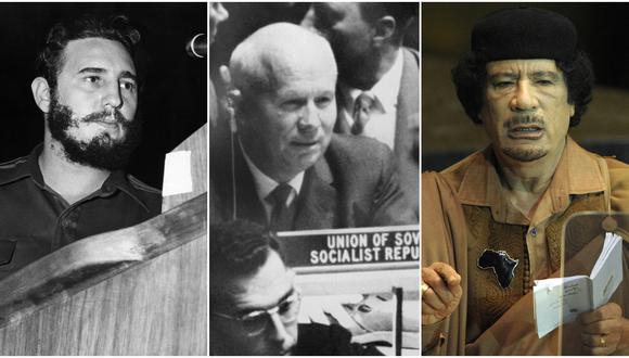 De izquierda a derecha: Fidel Castro, Nikita Kruschev y Muamar Gadafi, autores de los tres discursos más largos en la historia de la Asamblea General de la ONU. (AFP)