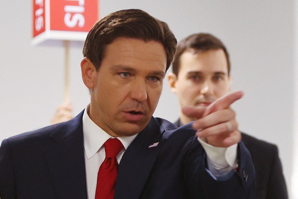 Florida Governor Ron DeSantis gestures while speaking in the Spin Room at Fiserv Forum in Milwaukee, Wisconsin on August 23, 2023. (Photo by Alex Wroblewski/AFP)
