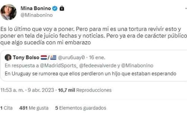 Mina Bonino le responde a Baena tras golpe que le dio Fede Valverde: “Para mí es una tortura”
