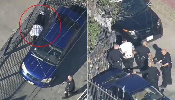 Policía captura a sujeto escondido detrás de un vehículos tras chocar un auto robado. (Imagen: FOX 11 / YouTube)