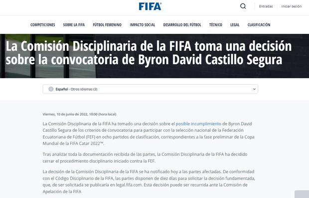 Resolución de la FIFA respecto al caso de Byron Castillo.