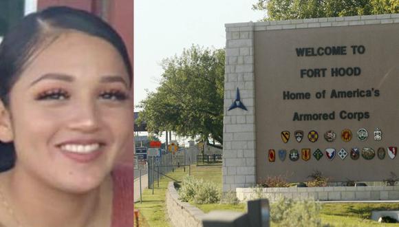 Imagen de la soldado Vanessa Guillén y la entrada de la base militar de Fort Hood en Texas. (Captura - Twitter/AP - Jack Plunkett).