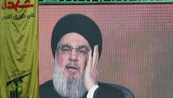 El líder del movimiento Hezbolá, Hassan Nasrallah, pronuncia un discurso televisado en Kherbet Selm, en el sur del Líbano, el 14 de enero de 2024. (Foto de Mahmoud ZAYYAT / AFP)