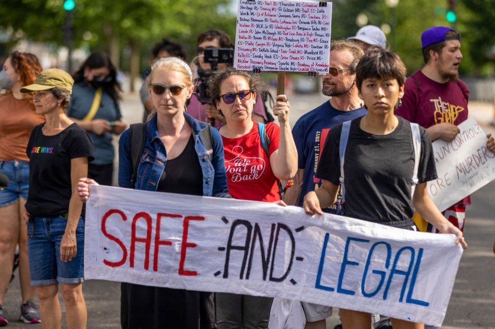 Protesters march in front of the United States Supreme Court to ask for protection of the right to abortion on May 28, 2022 in Washington DC.