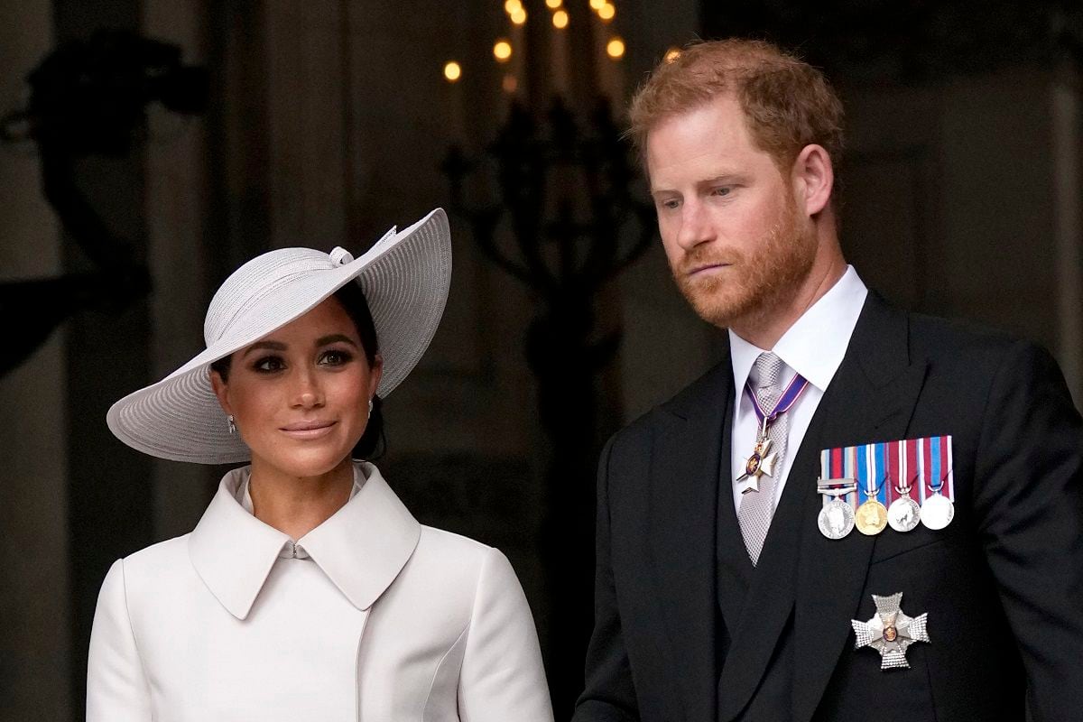 Prince Harry and Meghan Markle, the Duke and Duchess of Sussex leave after a service of thanksgiving for the reign of Queen Elizabeth II at St Paul's Cathedral in London, Friday, June 3, 2022. ( Matt Dunham/AP)