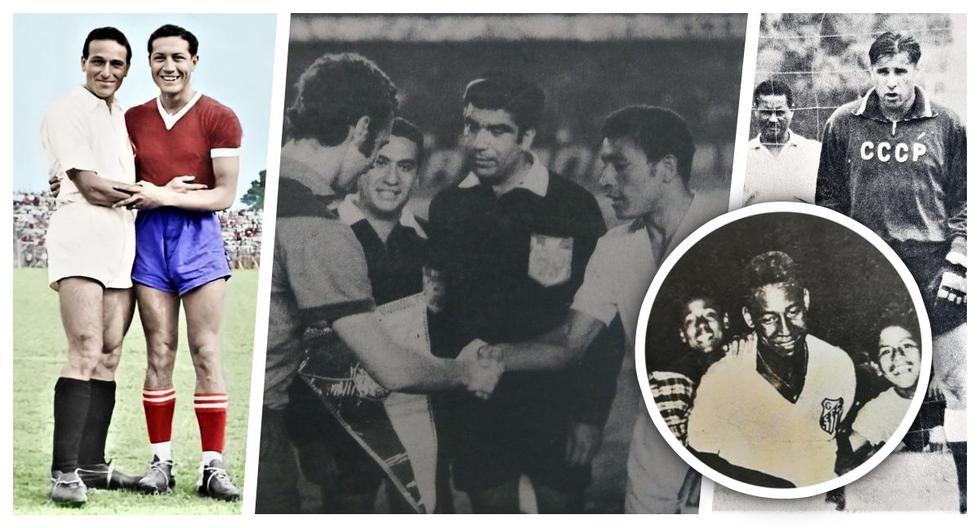 De izq. a der.: Lolo Fernández y el paraguayo Arsenio Erico; Franz Beckenbauer intercambiando banderines con Héctor Chumpitaz; el mítico portero soviético Lev Yashin a su paso por Lima.