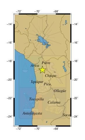 Referencia geográfica del sismo a 38 km al N de Camiña.