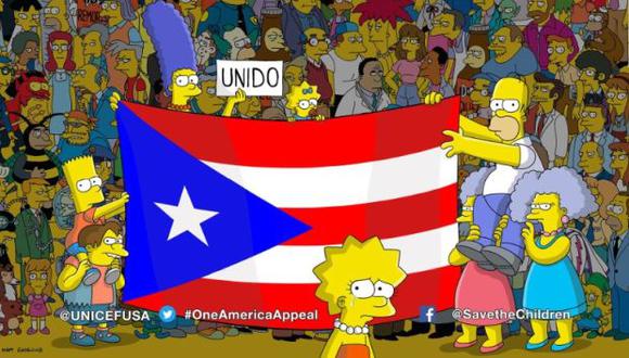 En el final del estreno de la temporada 29, "Los Simpson" mostró a todos los vecinos de Springfield sosteniendo una bandera de Puerto Rico.  (Foto: Twitter)