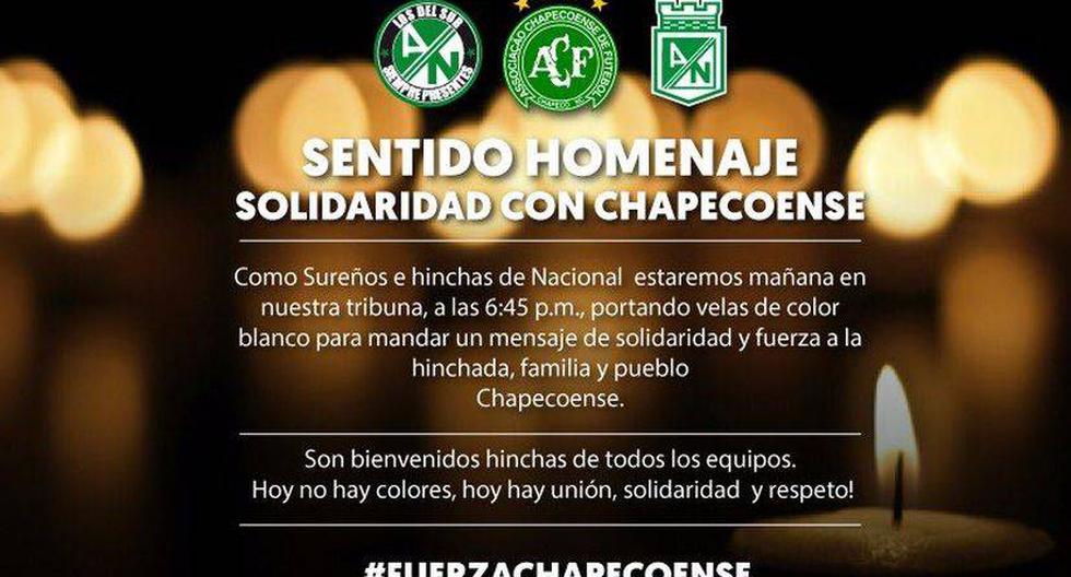 Hinchas de Atl&eacute;tico Nacional y autoridades de Medell&iacute;n rendir&aacute;n tributo a v&iacute;ctimas del Chapecoense (@LDSoficial)