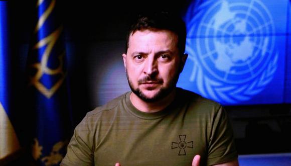 El presidente de Ucrania, Volodymyr Zelensky, se dirige de forma remota a la 77 sesión de la Asamblea General de la ONU el 21 de septiembre de 2022. (ANGELA WEISS / AFP).