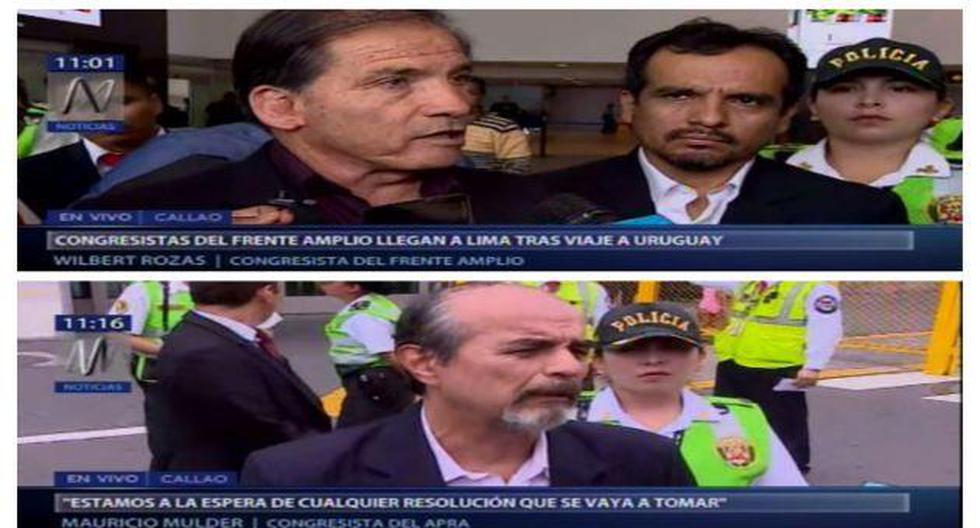 Congresistas del Frente Amplio y la Célular Parlamentaria Aprista llegaron esta mañana al aeropuerto Jorge Chávez desde Uruguay.&nbsp; (FOTO: Canal N)