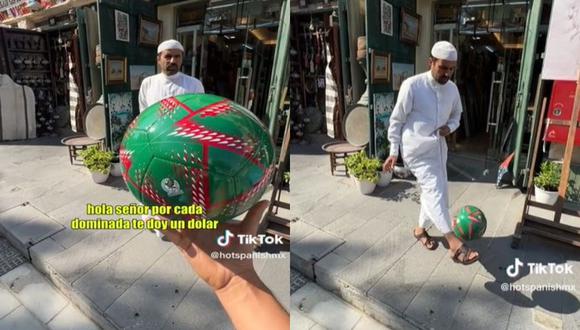 Un qatarí hizo 5 dominadas pero rechazó los 5 dólares que Hot Spanish quiso entregarle. (Foto: @hotspanishmx/TikTok)