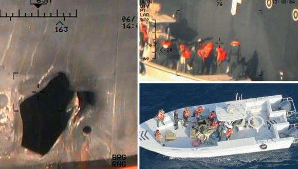 Estas son algunas de las imágenes reveladas por Estados Unidos para probar la responsabilidad de Irán en el ataque de dos buques petroleros en el estrecho de Ormuz.(Foto: US DEPARTMENT OF DEFENSE)