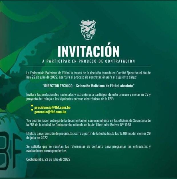 Comunicado de la Federación Boliviana de Fútbol (FBF).