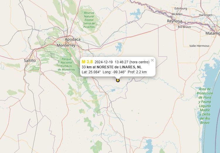 Referencia geográfica del sismo a 33 km al NORESTE de LINARES.
