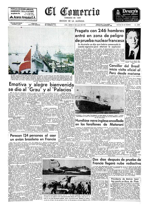 El 12 de julio de 1973, la portada del diario El Comercio anunciaba la llegada del buque BAP Almirante Grau al puerto del Callao, un día antes. (Foto: Archivo El Comercio)