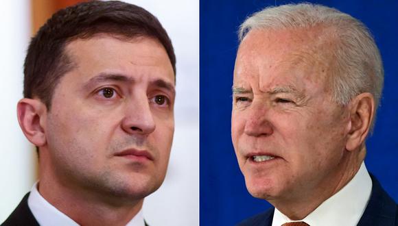 El presidente de Ucrania, Volodymyr Zelenski (izquierda) y el mandatario de Estados Unidos, Joe Biden. (JIM WATSON, GINTS IVUSKANS / AFP).