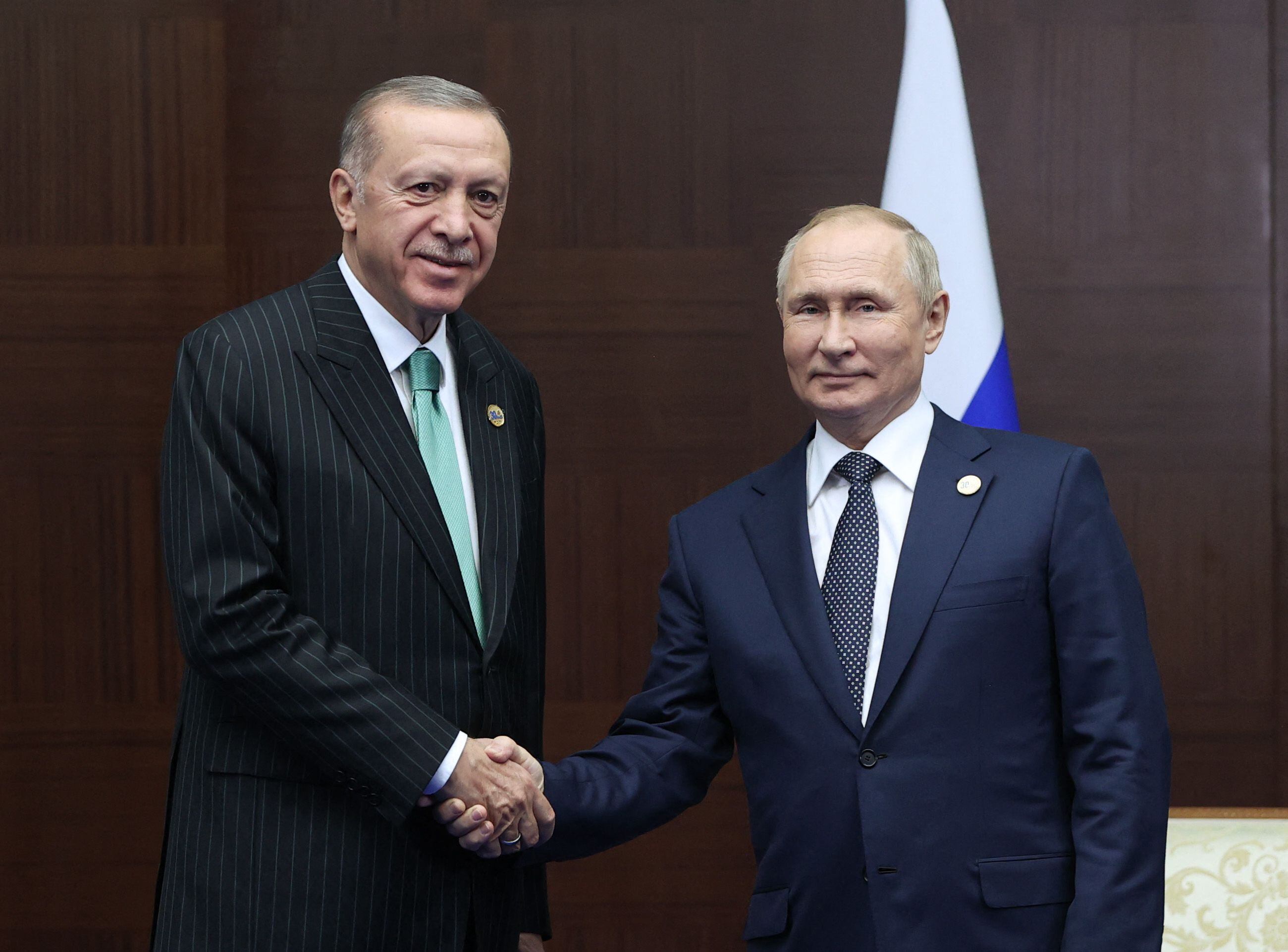 Turkish President Recep Tayyip Erdogan (left) meets with Russian President Vladimir Putin on the sidelines of the Conference on Interaction and Confidence Building Measures in Asia (CICA), on October 13, 2022. (Photo : PRESIDENTIAL PRESS SERVICE OF TURKEY / AFP).