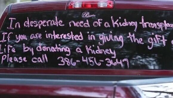 Un hombre encontró un donante de riñón para su esposa, después de escribir un emotivo mensaje en la ventana posterior de su vehículo. (Foto: FOX 35/ Kirk Plante).
