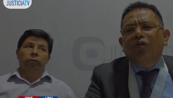 Pedro Castillo y su abogado, Eduardo Pachas, en una audiencia virtual. (Justicia TV)
