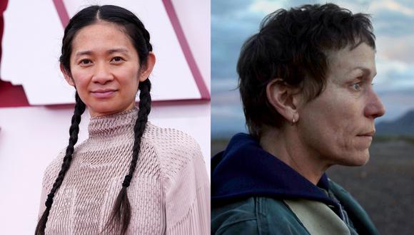 De izquierda a derecha, Chloe Zhao y Frances McDormand, directora y protagonista de "Nomadland". Ambas ganaron el Oscar en calidad de productoras de la cinta. Foto: AFP/ Fox Searchlight.
