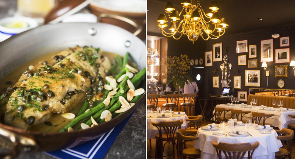 Un clásico como ninguno:  lenguado a la meunière, en salsa de mantequilla, limón y alcaparras; servido con vainitas, almendras tostadas y arroz pilaf. Derecha: el salón interior está inspirado en los restaurantes franceses tradicionales. En las paredes hay cuadros que pertenecieron a la madre de Coque Ossio, la recordada Marisa Guiulfo. Fotos: Heroina Estudio.