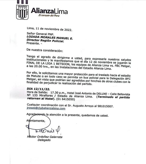 Alianza Lima, a través de un oficio, pidió seguridad total para la delegación de Melgar a fin de que lleguen con tranquilidad al estadio Alejandro Villanueva para disputar la segunda final de la Liga 1 y, asimismo, retornar a su hotel. 