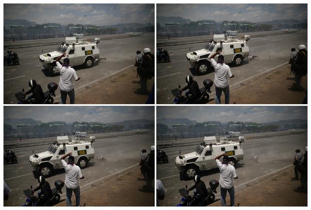El momento en que una tanqueta militar arrolla a manifestantes en Caracas. Foto: Reuters