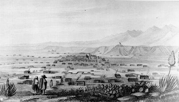 "La Ciudad de Santa Fe". Grabado de "Informe del teniente J. W. Abert de su examen de Nuevo México en los años 1846-1847". (Imagen del teniente J. W. Abert)