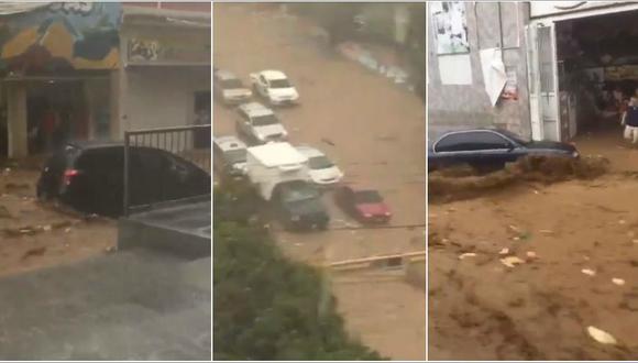 Imágenes publicadas por usuarios en Twitter permiten ver cómo la fuerza del agua provoca que varios vehículos sean arrastrados en el estado Vargas. (Captura de pantalla)