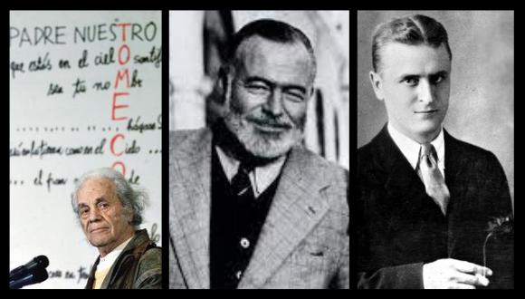 Nicanor Parra, el antipoeta chileno; Ernest Hemingway, ganador del Nobel de Literatura; y Scott Fitzgerald, pieza clave de la literatura estadounidense.