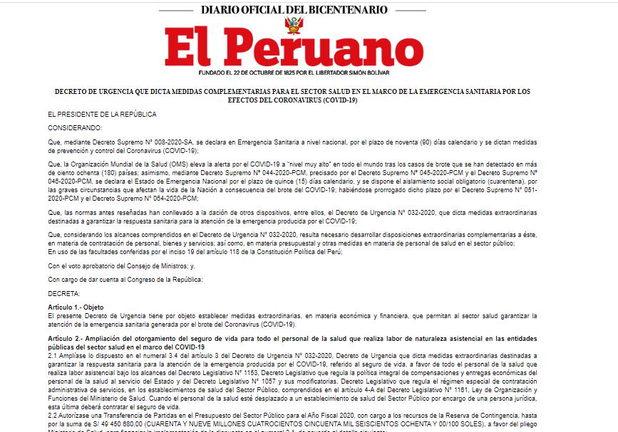 El decreto de urgencia fue publicado este domingo en el boletín de Normas Legales del diario El Peruano.